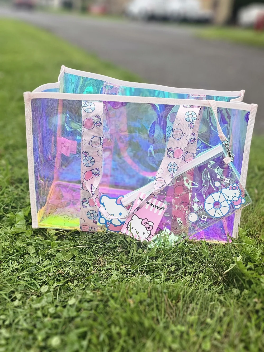 Hello Kitty Holographic Clear Tote with Pink Trim and Character Straps